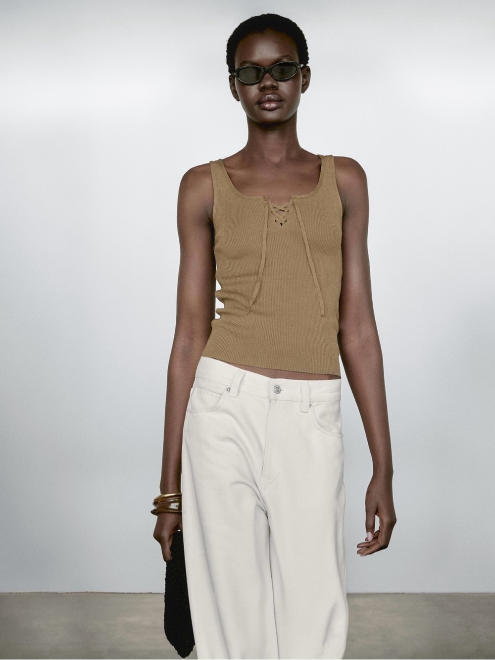 Sleeveless Lace-Up Ribbed Tank Top in Khaki
